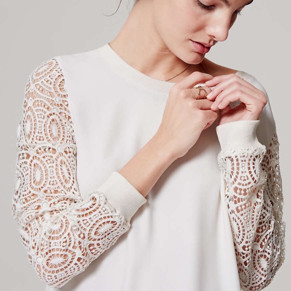 Ann Taylor Loft Ivory Blouse with Lace Sleeves